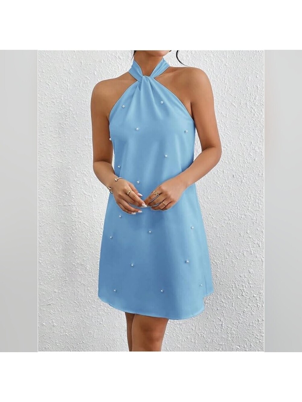 NWOT Floerns Women’s Blue Pearl Halter Mini Dress, Tie Neck, A-Line, Small